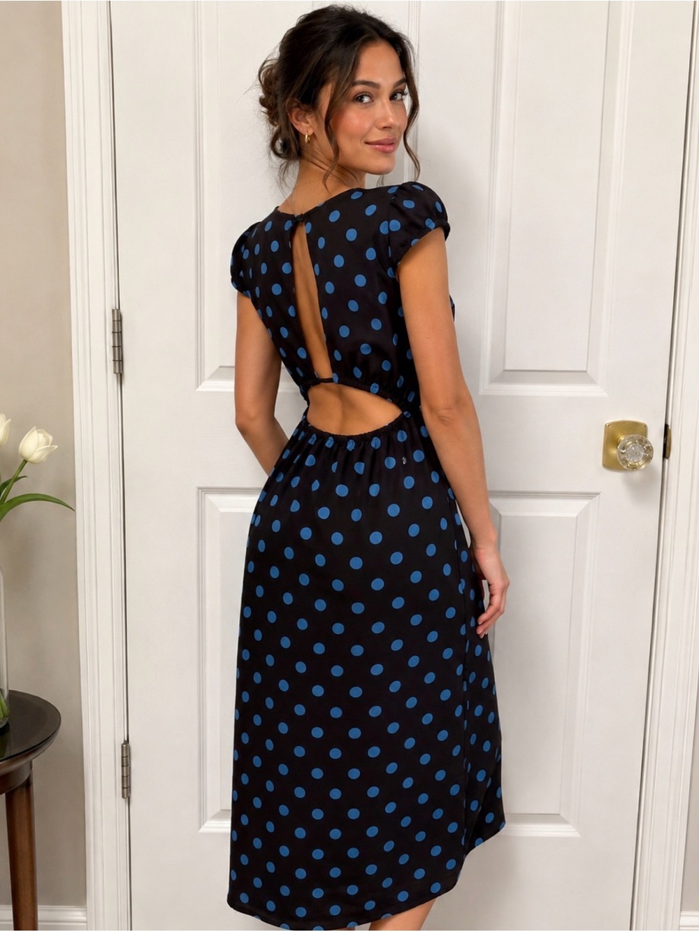 BNWT THIRTY THIRTY Brown Satin Dress Blue Polka Dots and Laced Bodice Women's M
